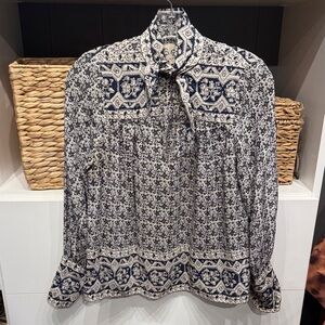 Sea New York Navy and White Printed Tie-Neck Blouse